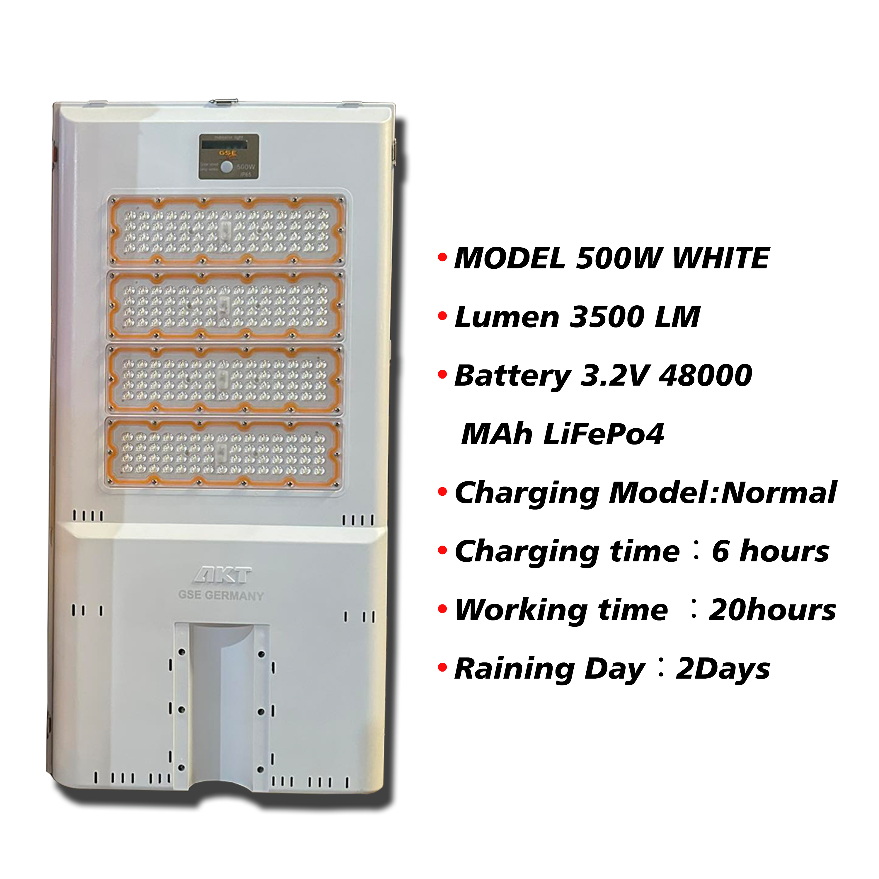 GSE GERMANY SOLAR STREET LIGHT 500W 6000K WHITE 224PCS 2835 CHIPS IP65 3.2V 48000MAH LIFEPO4